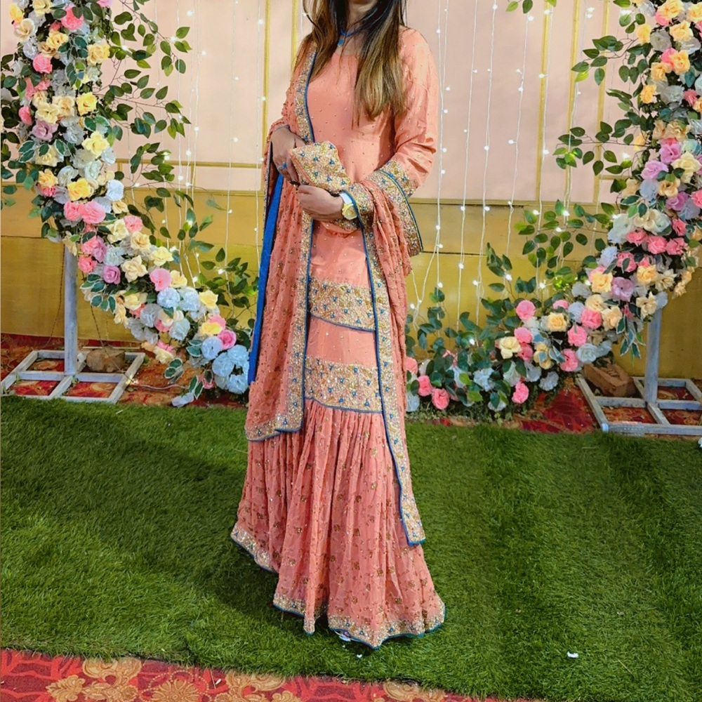 Pakistani gharara Charming Peach Dress with Blue Details